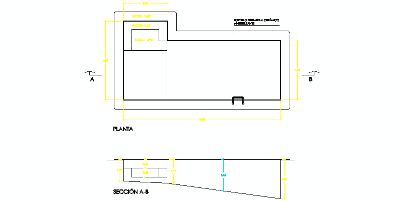 Detalhe do projeto da piscina, seção e plano